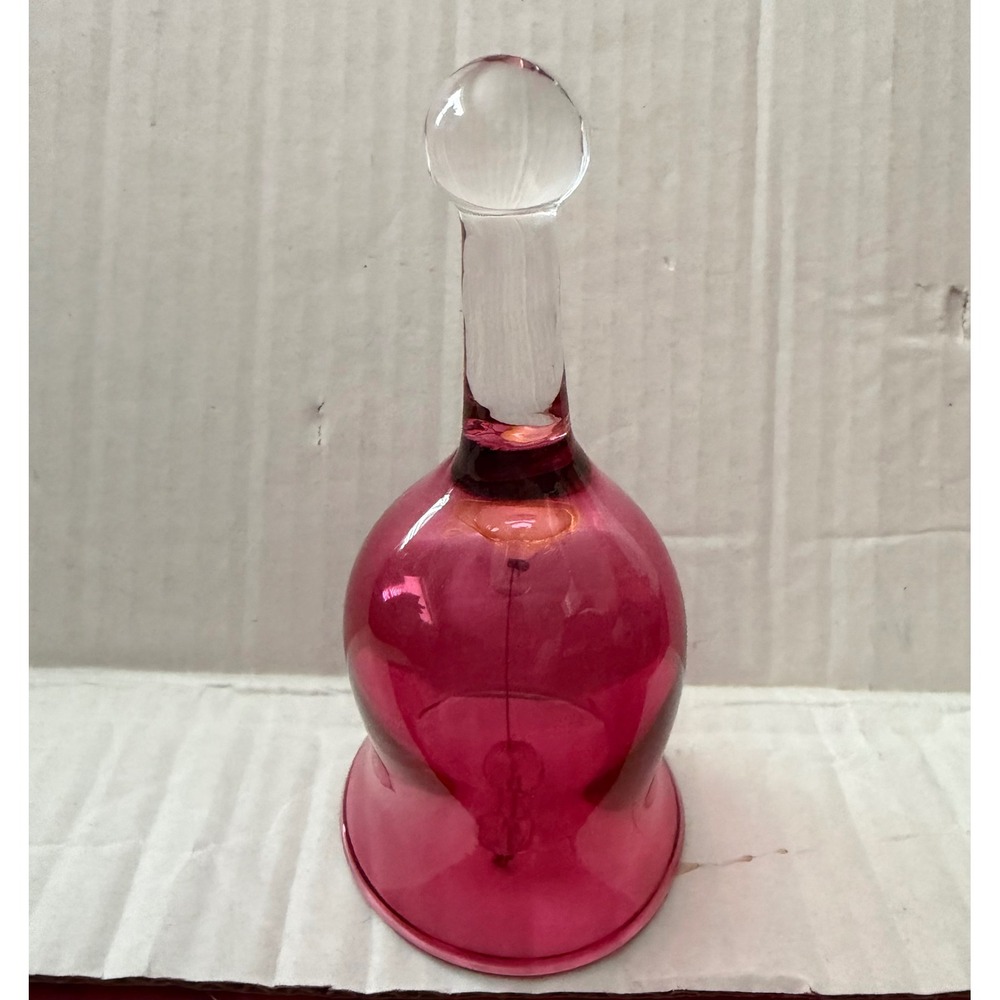 Vintage Cranberry Glass Hand‎ Bell Clear Handle Pink Red Art Glass Decor 5in